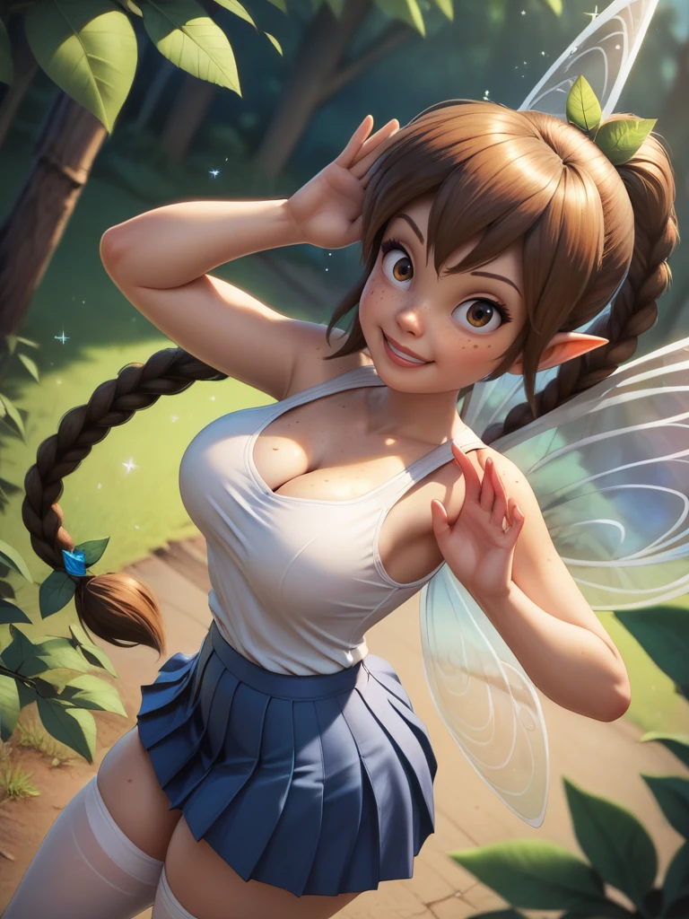 score_9, score_8_up, score_7_up, score_6_up, 1girl, fairy wings, brown eyes, brown long hair, single braid, school uniform, white shirt, bare shoulders, mini skirt, white thighhighs, leaf hair ornament, freckles, sexually suggestive, curvy, medium breast, sexy, looking at viewer, cowboy shot, dynamic pose, cute, solo, dutch angle, cleavage, forest, vegetation,  smile, :D, from above, particles around, from side, arms togother, cute pose,
<lora:FawnXLP_character:0.8> FawnXLP, cartoon, <lora:Realistic_2.5DAnime_Merge1:0.8>