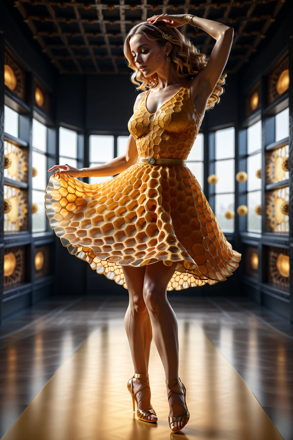 hyper realistic, dancing woman, in honeycomb dress, arms up, dress made of honeycomb, honeycomb ballroom