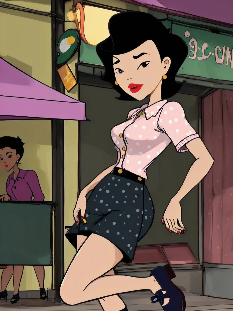 night,Balancing on one leg with the other raised to the side,pussy, sulongs2 ,black eyes, black hair, short hair,Retro-Rockabilly: High-waisted skirt, polka-dot blouse, and pumps.,Fruit stands,woman,solo