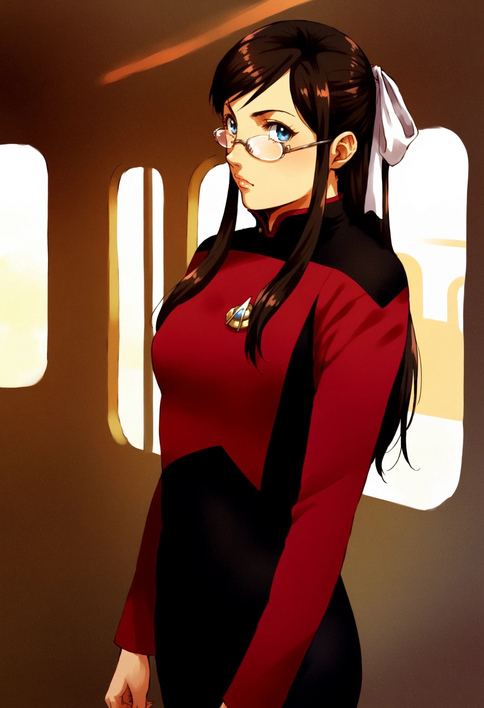 score_9, score_8_up, score_7_up, source_anime, 1girl,solo, female focus, 2D, Rosa_rosa_utm, long hair, black hair, sidelocks, hair ribbon, blue eyes, glasses, rimless eyewear, small breasts, s3stngunf,red uniform,black pants, spacecraft interior, standing, upper body, science fiction <lora:Rosa_After_War_Gundam_X_Under_the_Moonlight>,black shoulders,<lora:STTNGponyStrong>