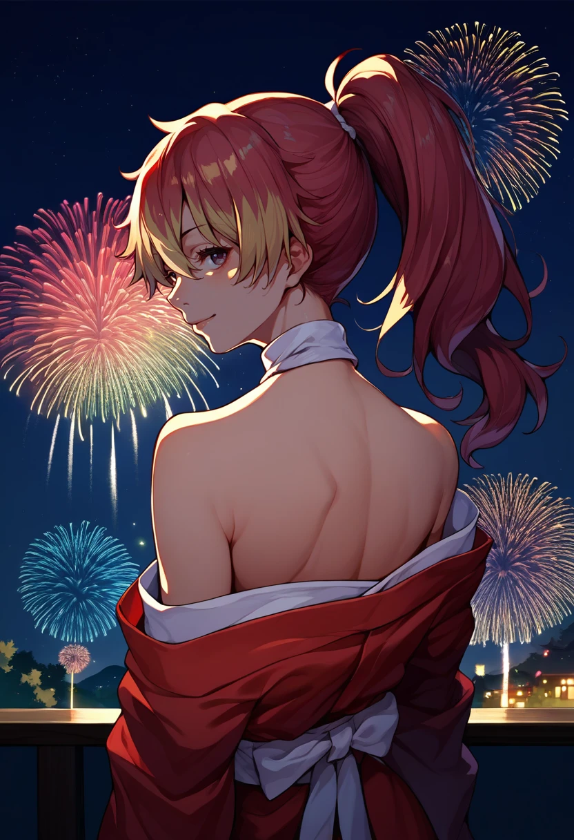 score_9, score_8_up, score_7_up, source_anime, from behind, solo, 1girl, kirigakure shura, light smile, looking back, ponytail, japanese clothes, red kimono, off shoulder, white choker, bare shoulders, fireworks <lora:blueexorcist_kirigakure_ponyXL:1>