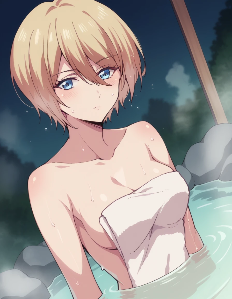 score_9, score_8_up, score_7_up, source_anime, <lora:akane-hououji-s1-ponyxl-lora-nochekaiser:1>, akane hououji, short hair, bangs, blue eyes, blonde hair, hair between eyes,, nude, naked, outdoors, onsen, towel, naked towel, steam, bathing, nude cover, partially submerged, water, bath, steam censor, wet towel, blush, looking at viewer, solo,, cowboy shot, dutch angle
