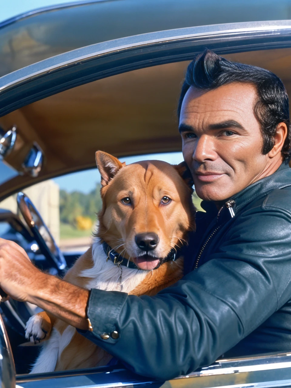 <lora:BurtReynolds:1> burt reynolds playing with a dog in a car, 4k, raw, masterpiece