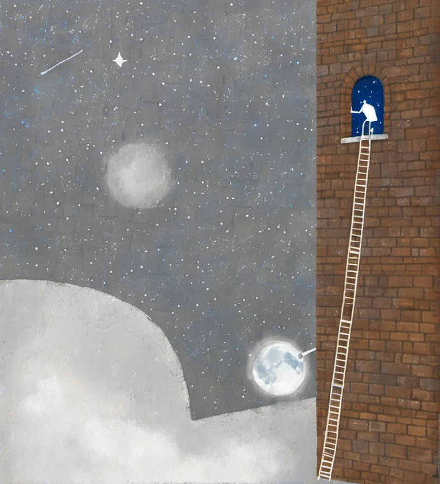 illustration, surrealism, night, building, brick wall, windows, man on moon, swing, grey sky, stars, close-up blue eyes, white hand, rooftop, telescope, whimsical, artistic, dreamlike, muted colors, storefront, urban setting, fantasy, balanced composition, textured background, fine art, conceptual, imaginative, mysterious, unique.<lora:æ²»æ-000009:0.8>,