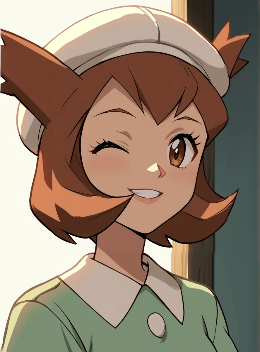 score_9, score_8_up, score_7_up, score_6_up, score_5_up, score_4_up source_anime,   anime screencap,   <lora:LAtiasAdventure:0.8>1girl, kanonlatias, solo, brown hair hat, smile, brown eyes, short hair wink,