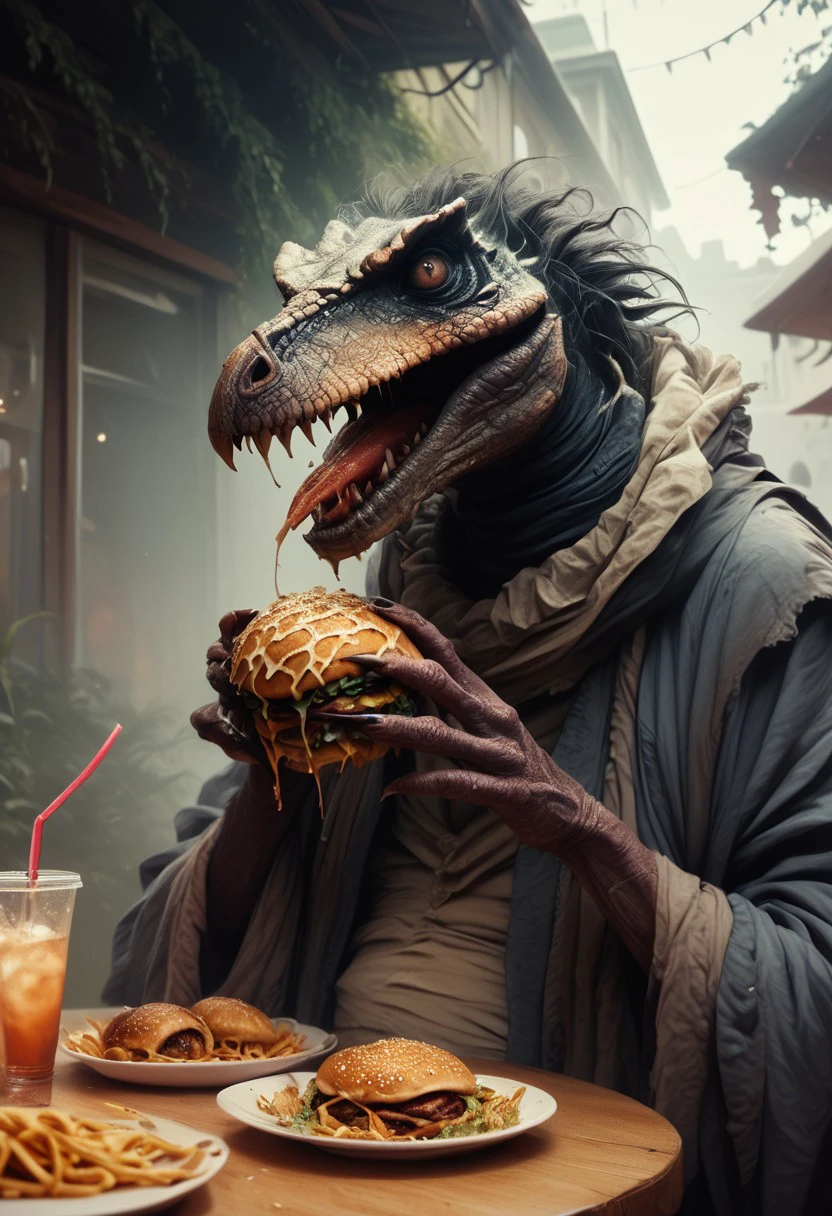 score_9, score_8_up, score_7_up, chunky skeksis, eating messy hamburger, open mouth, saliva, sidelit, gorey, realistic lighting, photorealistic, photo