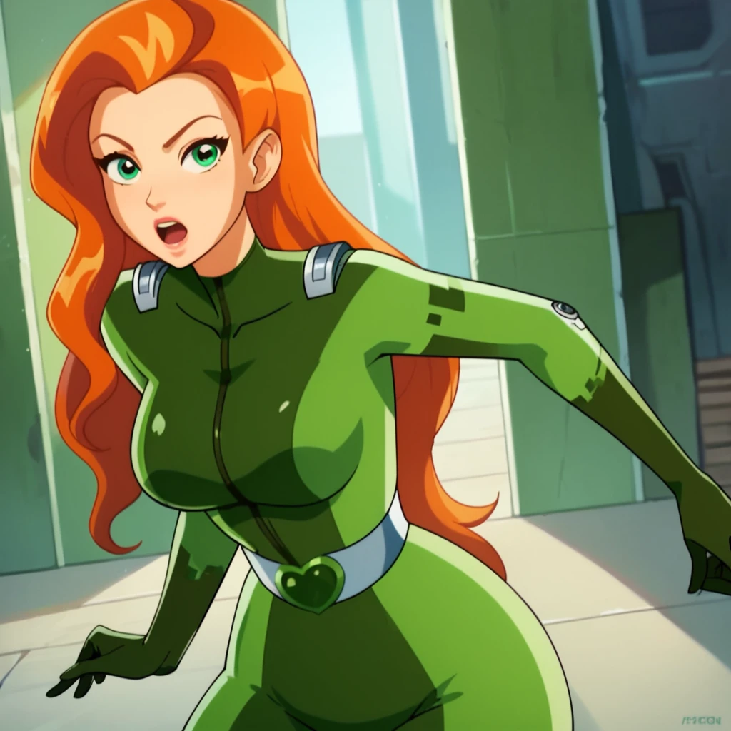 score_9, score_8_up, score_7_up, score_6_up, score_5_up, score_4_up, 1girl, long hair, orange hair, green eyes, large breasts, narrow waist, wide hips, looking at viewer, green bodysuit, highres, masterpiece, high quality, <lora:Sam_2024:1>