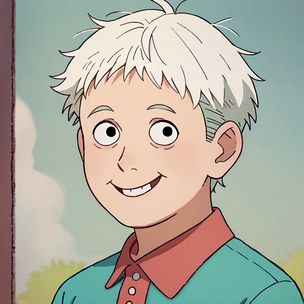 score_9, score_8_up, score_7_up BREAK BusterBax, 1boy, short white hair, black eyes, buckteeth, pink-collared cyan long-sleeved polo shirt, jeans, red white shoes, smiling at viewer, round head,