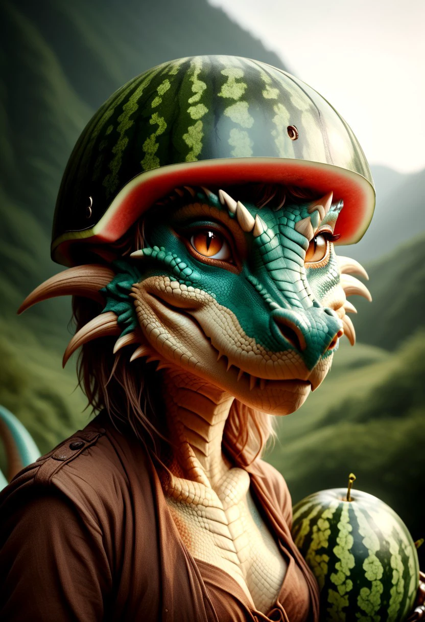 melonhelm, 1girl, Kobold woman wearing watermelon helmet, portrait, furry dragon, tail, short stature, looking at viewer