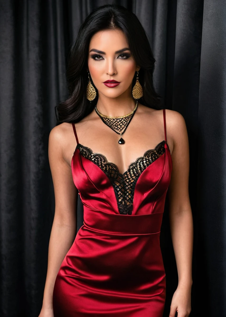 Professional, High level of detail, close up photo (attractive mature 55yo woman:1.3), long black hair, tied up, gray eyes, (tight red silk malay gamis, no bra)1.455,ray tracing, natural lighting, (seductive:1.1), (blushing:1.1 ), (classy, elegant, dandy)1.2, (round big breasts)1.2 (pokies)1.3, (toned body, hourglass body shape) (wipe hips), (full body with visible face and eyes)1.5, glasses, earnings, castle, mist of war, sit down, crossed-leg, necklace, tattoo on breast, hand hidden at back, bracelet
