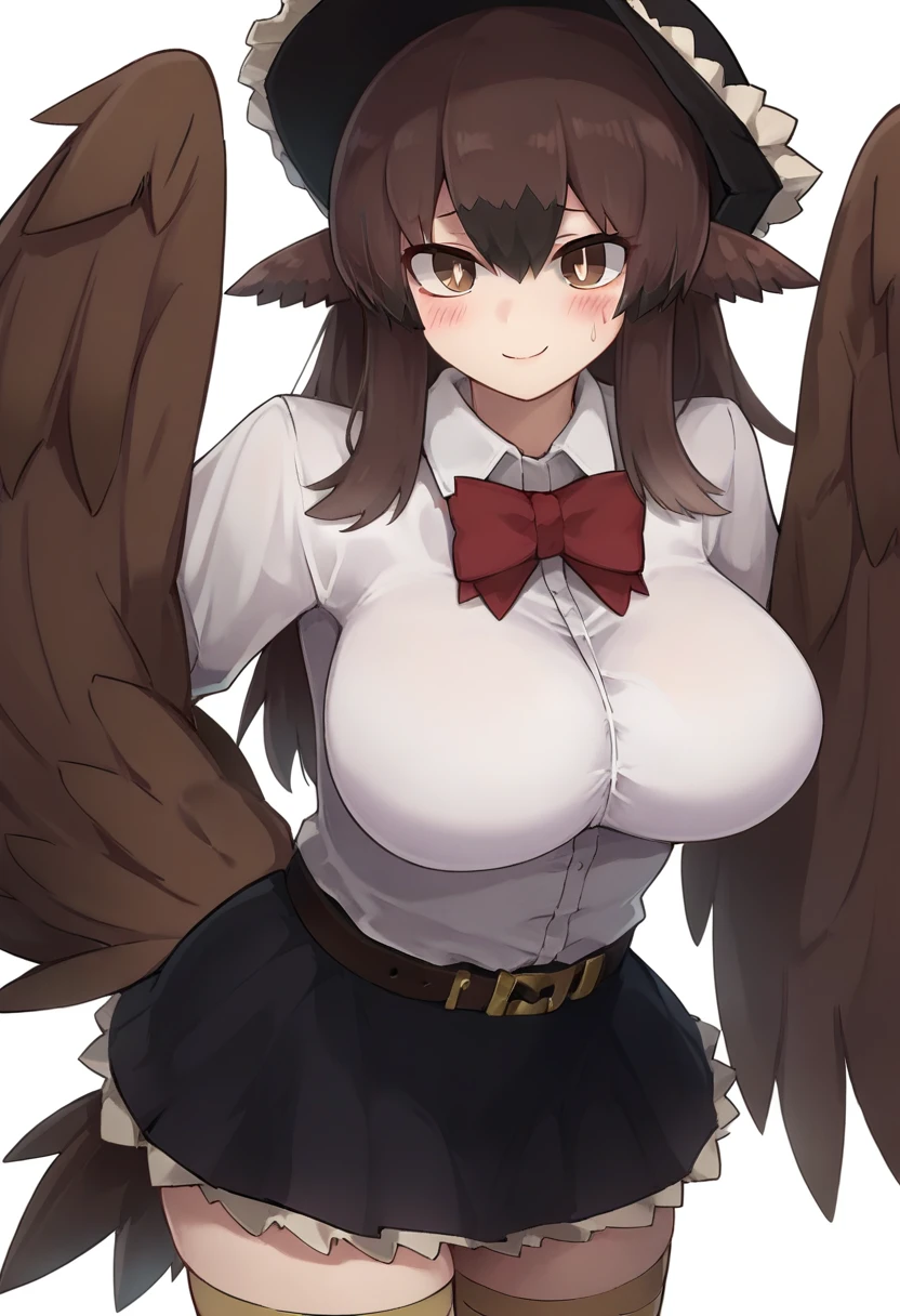 score_9, score_8_up, score_7_up, source_anime, <lora:dodoponybs2-000003:0.8>,  dodo54dr, 1girl, solo, breasts, skirt, wings, brown hair, bow, feathered wings, shirt, harpy, black skirt, red bow, belt, brown eyes, bowtie, large breasts, long hair, thighhighs, simple background, winged arms, white shirt, white background, red bowtie, smile, looking at viewer, hat, blush, monster girl, bird wings, brown wings, frills, closed mouth, cowboy shot, collared shirt, bird tail, sweatdrop, hair between eyes, bright pupils, bangs, bird legs