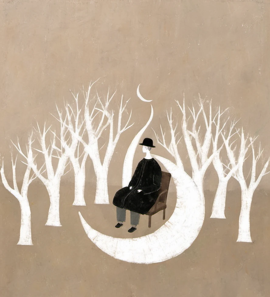 abstract art, surrealism, person seated, crescent moon, white trees, nature, minimalist, muted color palette, simplistic design, artistic illustration, whimsical, imaginary setting, solitude, dreamlike, foliage, hat, long coat, shadowy figure, solitary figure, minimal details, texture, fantasy, fantasy elements, contemplative mood, imaginative, poetic, pastel backdrop,<lora:æ²»æ-000007:1>,