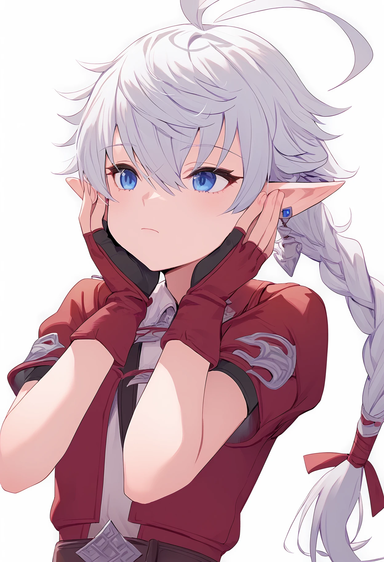 1girl,
alisaie leveilleur,
elezen, short sleeves, jacket, belt, long hair, closed mouth, hair between eyes, floating hair, jewelry, collared jacket, earrings, gloves, red jacket, ahoge, pointy ears, fingerless gloves, braid, open jacket, open clothes, grey background, blue eyes, simple background, hands on own face, hair ribbon, white hair, single braid, braided ponytail, hands on own cheeks, single earring, elf, solo, ribbon, elbow gloves,
score_9, sfw
<lora:pony_char_alisaie_leveilleur-000008:1>