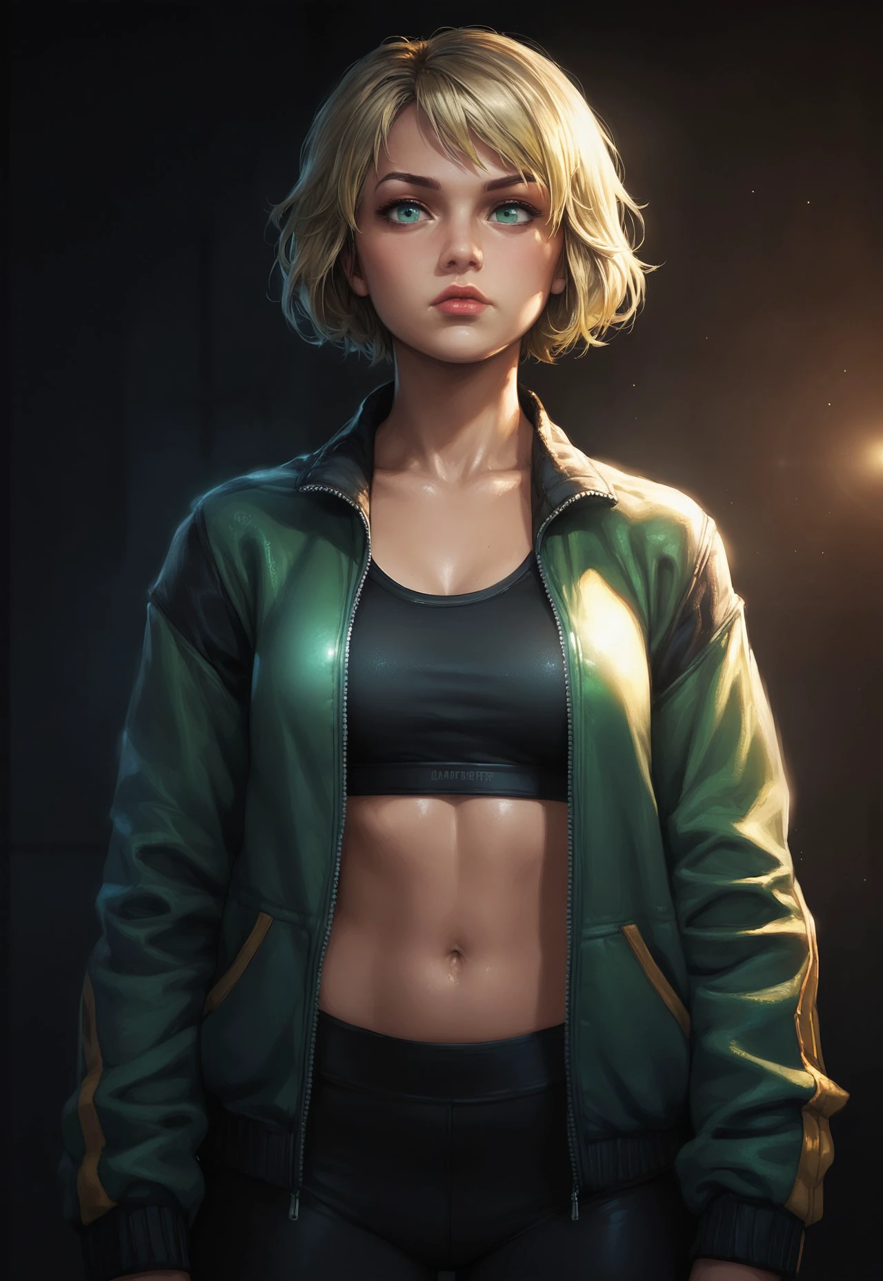 embedding:urn:air:sd1:embedding:civitai:222256@250708, Mortal Kombat Style, 1girl, solo, short hair, blonde hair, navel, jacket, open clothes, midriff, open jacket, lips, side lighting, rembrandt lighting, shiny skin, sports bra, green jacket, realistic BREAK ,score_9, score_8_up, score_7_up, score_6_up, score_5_up, score_4_up,