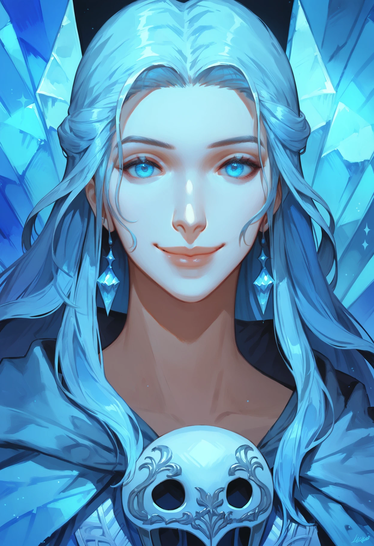 score_9, score_8_up, score_7_up,  <lora:v3n4tv2:1> v3n4t,1girl,portrait,mask,smile,blue crystal background