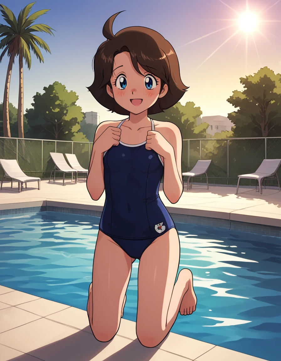 <lora:kiwi_v2_mix:0.7>,detailed_background,indoors,one-piece_swimsuit,tomboy,tanline,clock,competition_swimsuit,clothes_writing,highres,blue_one-piece_swimsuit,tiles,absurdres,black_hair,tile_floor,tan,grin,breasts,takafumi,spread_legs,smile,short_hair,barefoot,facing_viewer,1girl,feet,swimsuit,sideways_glance,chair,solo,squatting,brown_eyes,small_breasts,one-piece_tan