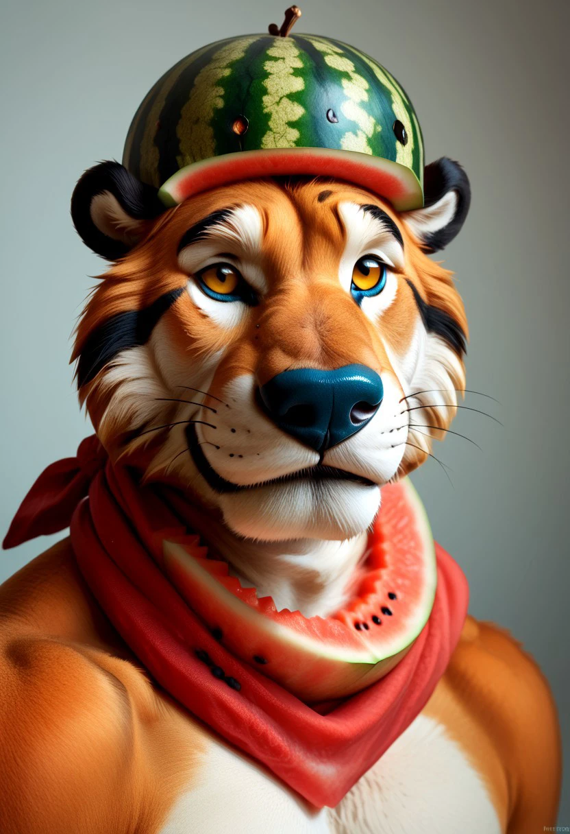 score_9, score_8_up, score_7_up, melonhelm, tony the tiger wearing watermelon hat, portrait, upper body, paw