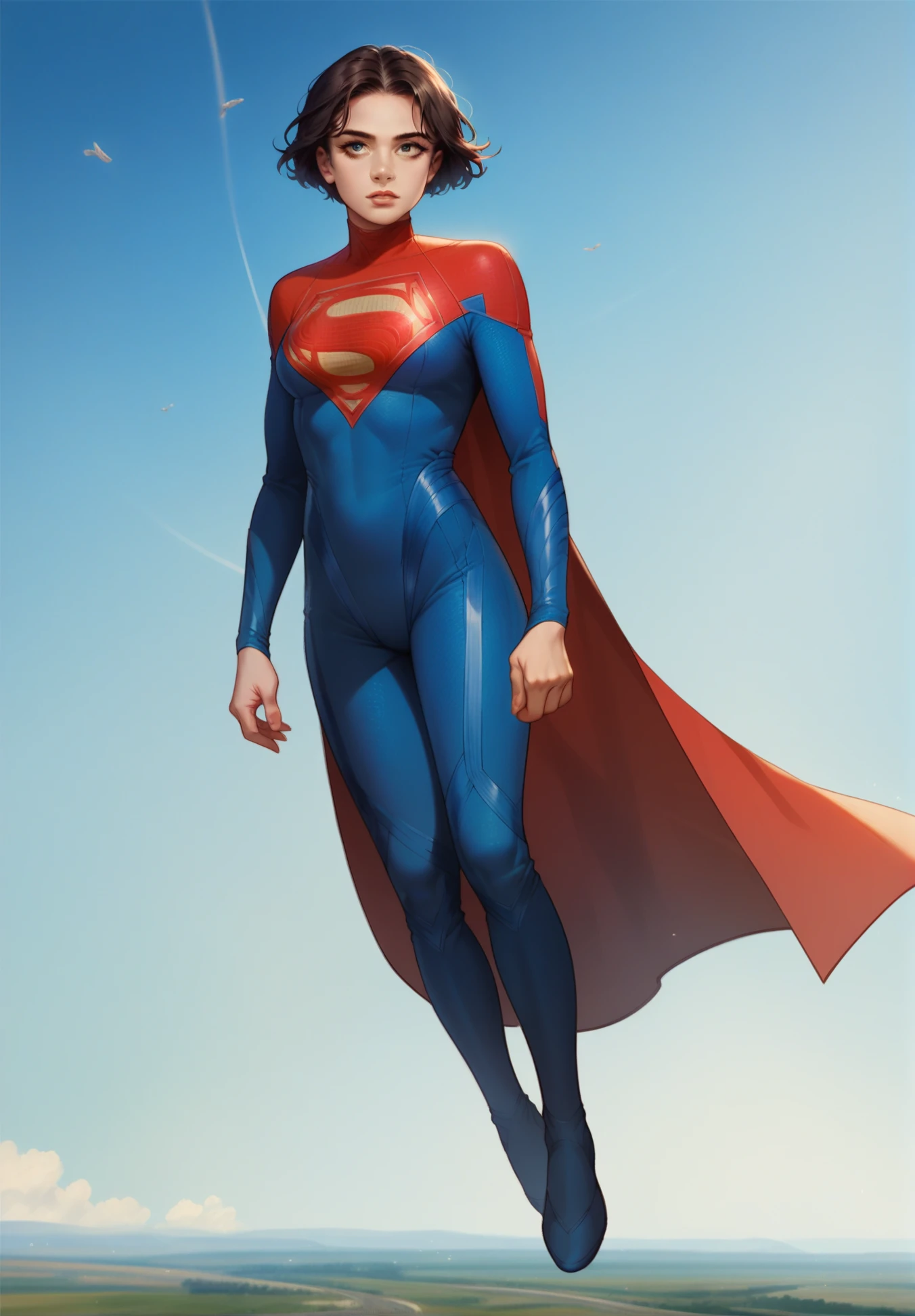 <lora:SupergirlThe_Flash:0.8> sup3rg1rl, 1girl,beautiful woman, sky background, bodysuit, solo, short hair, looking at the viewer, floating, cape, score_9, score_8_up, score_7_up, score_6_up, 2d, digital art, masterpiece, <lora:sinfully_stylish_PONY_0.2:0.3> dramatic lighting <lora:incase-ilff-v3-4:0.3> <lora:Expressive_H:0.3> expressiveh <lora:g0th1cPXL:0.3> g0th1cpxl