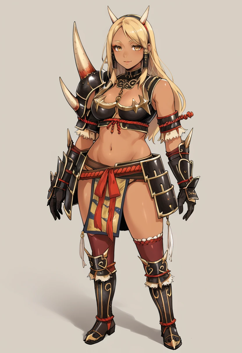 (score_9:0.9),score_8_up,score_7_up,rating_safe,anime style,(zPDXL),<lora:Kishin Armor ponyXL v1:0.7>,mature female,kishin armor,oni horn hiarband,black gauntlets,black knee boots,black loincloth,black single shoulder pad,black bikini armor,1girl,,blonde hair,long hair,full body,dark-skinned female, midriff, navel