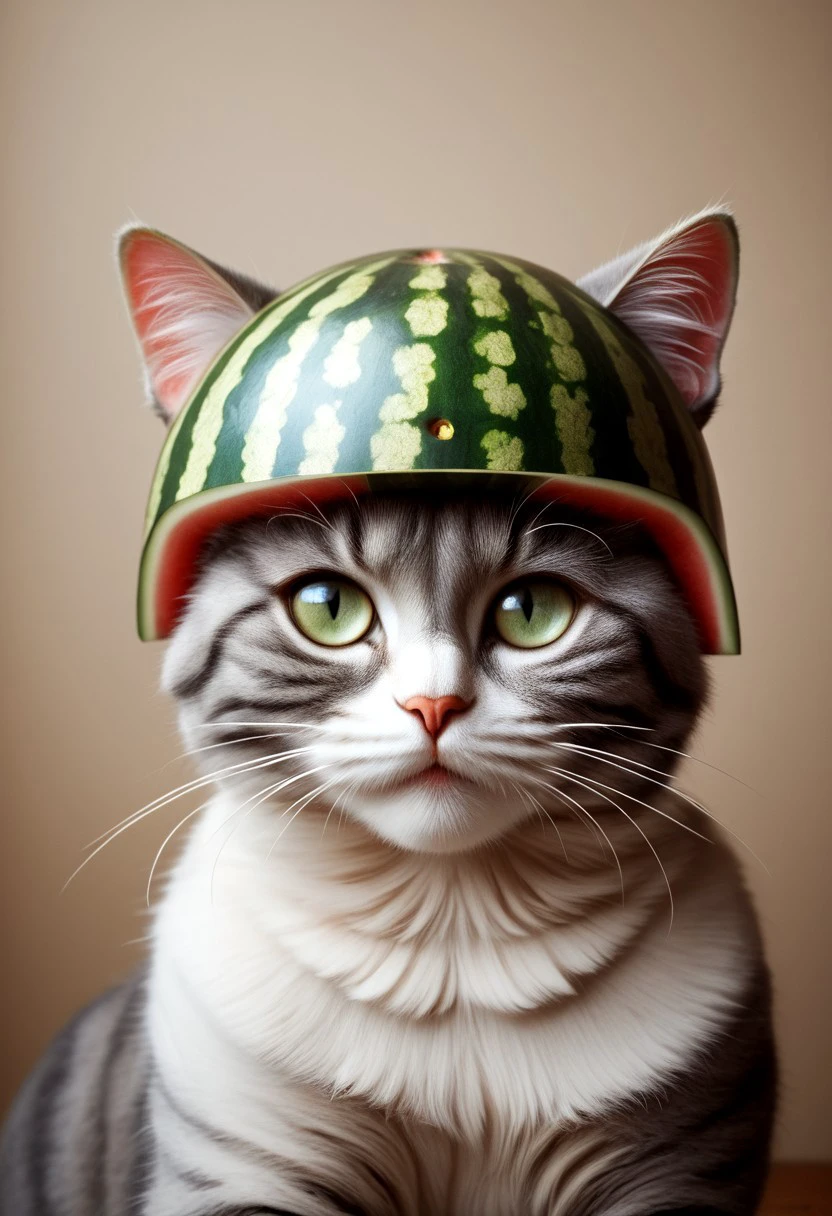 melonhelm, cat wearing watermelon helmet, portrait