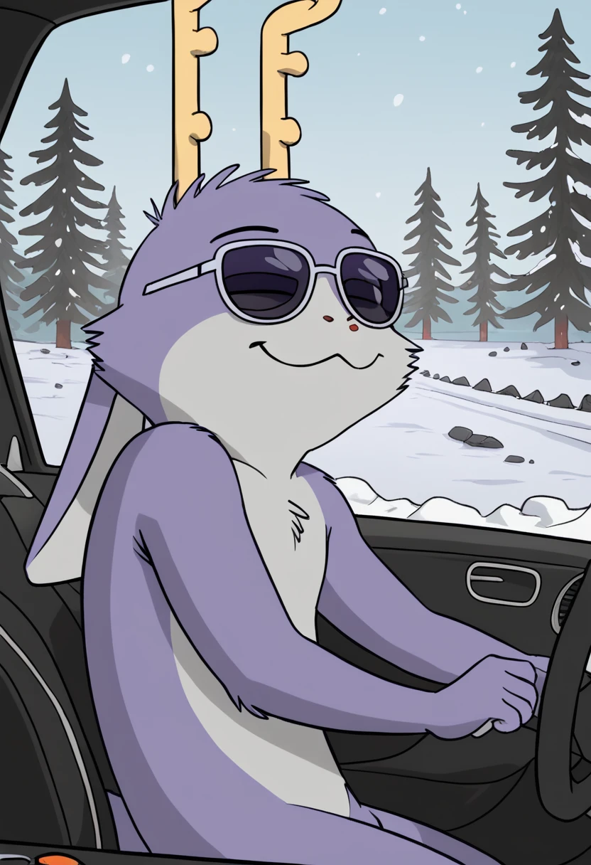 score_9, score_8_up, score_8,    <lora:Taylor_aka_Fatigue_Bedfellows_for_PonyXL:0.8> 1boy, furry male, animal ears, antlers, f4tigu3, jackalope, driving, snow, shades