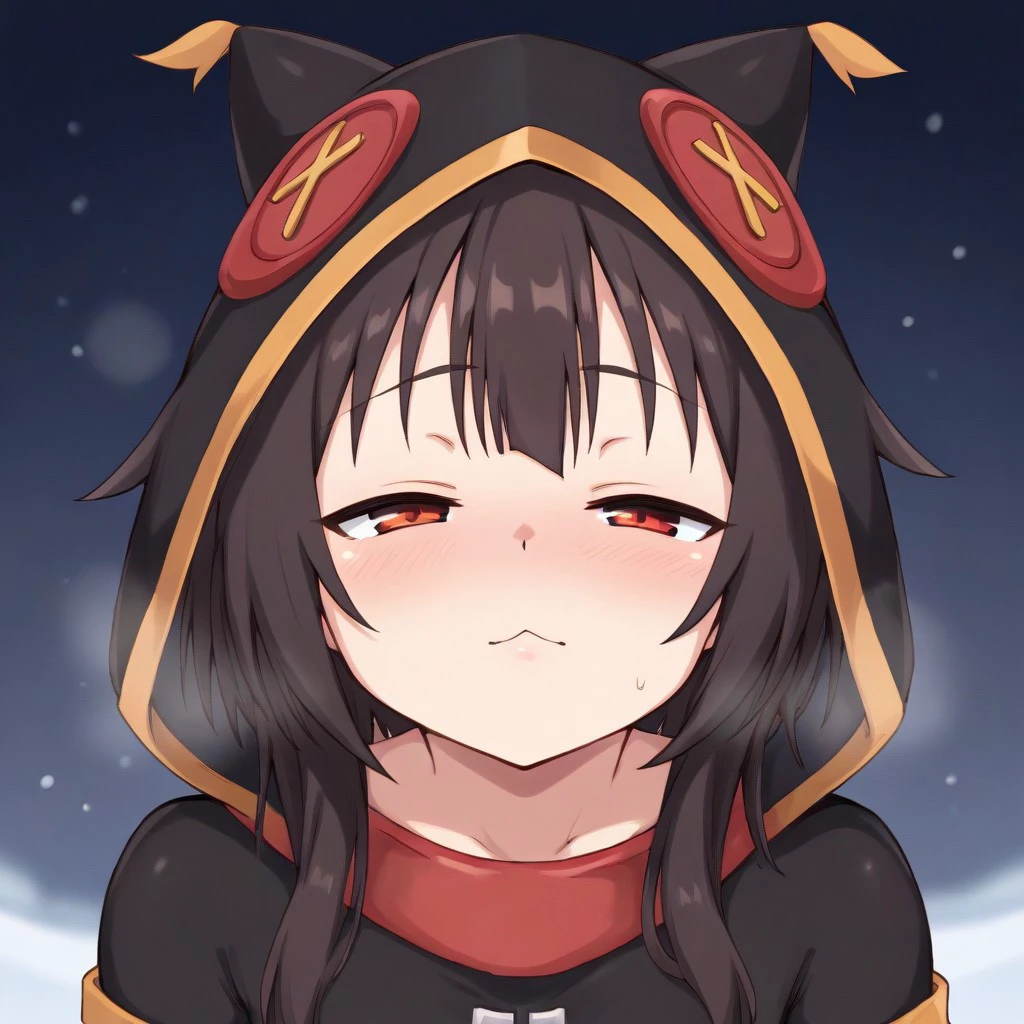 score_9, kumasteam, Megumin, alt outfit, winter, parka,  1girl, face focus, portrait, sultry look, looking off to the side, half-closed eyes,