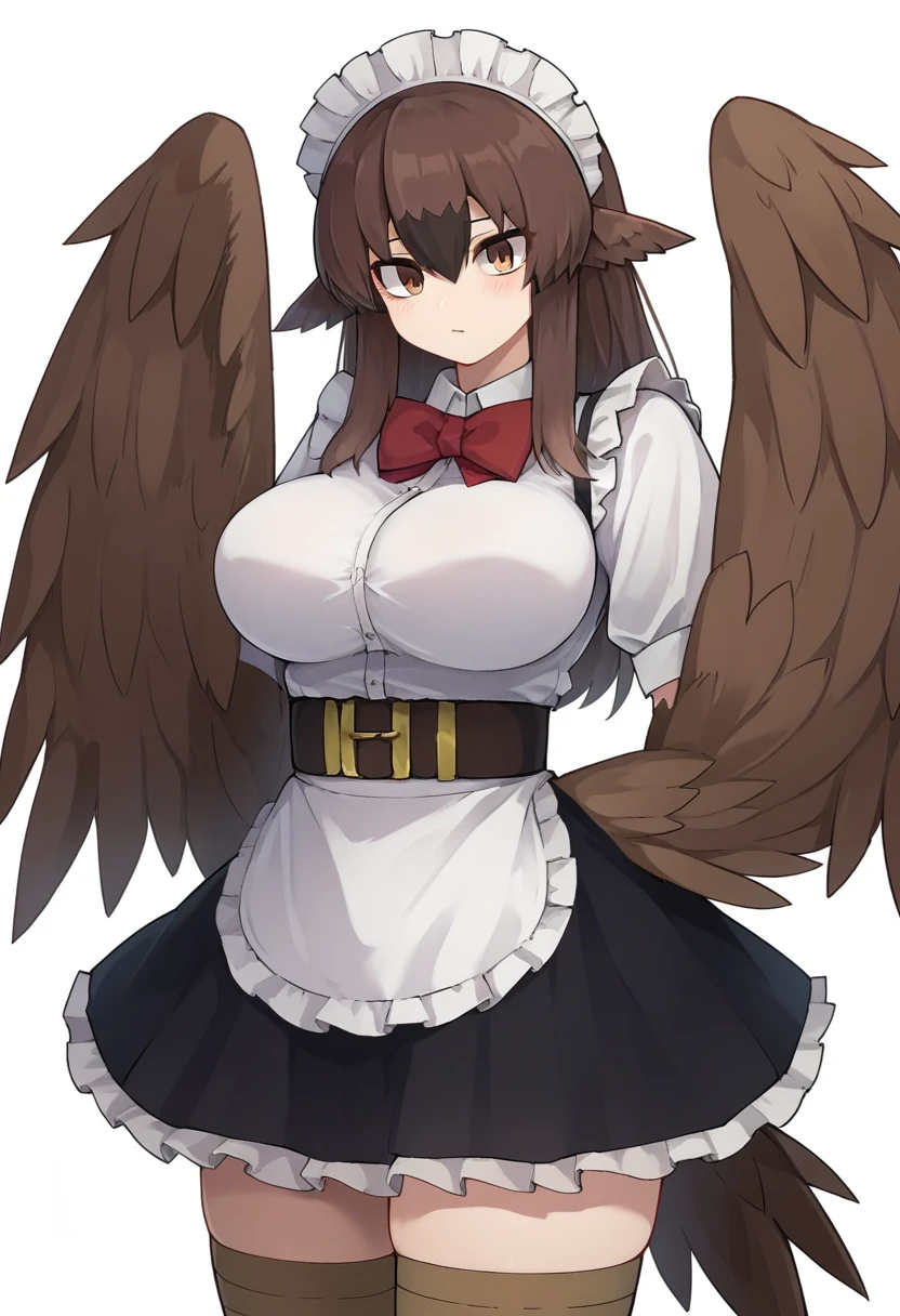 score_9, score_8_up, score_7_up, source_anime, <lora:dodoponybs2-000003:0.7>, dodo54dr, 1girl, solo, harpy, brown hair, animal ears, monster girl, large breasts, breasts, hair between eyes, brown wings, bird tail, tail, bird legs, long hair, winged arms, brown eyes, black skirt, bow, maid headdress, shirt,  bowtie, white shirt, red bow,  brown thighhighs, high-waist skirt, zettai ryouiki, belt, frills, bangs, skirt, thighhighs,