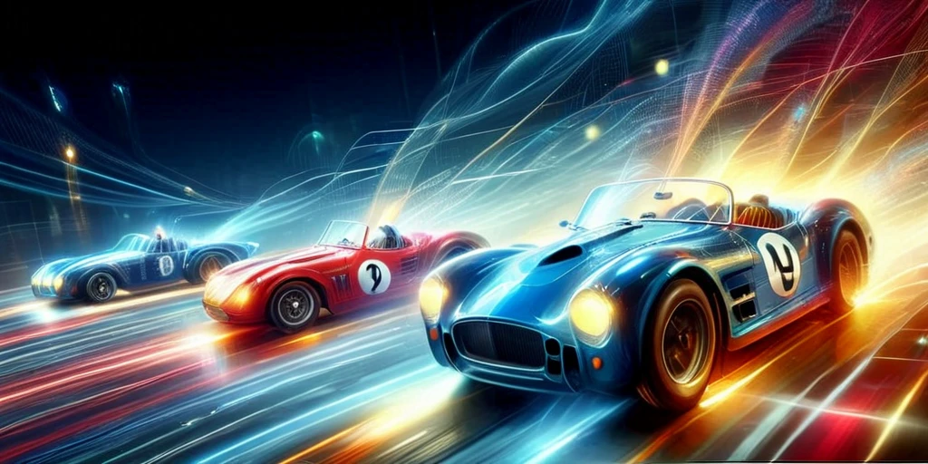 vintage car race, <lora:Cyberspace:1> cyberspace, glowing magical energy in cyberspace,