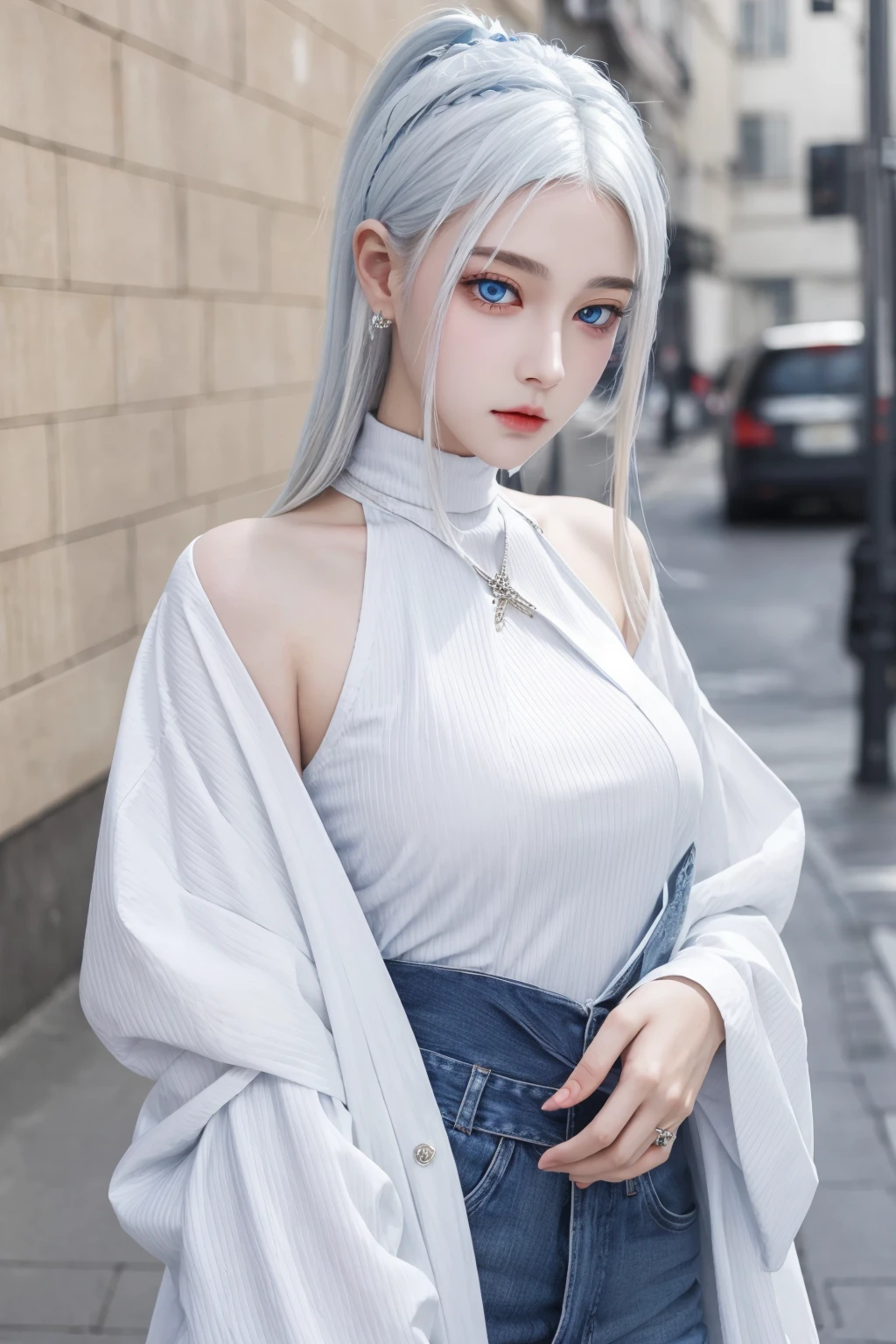 masterpiece,best quality,1girl,women,solo,hips up,upper body,closed mouth,blue eyes,accessories,street wear,white hair,jewelry,<lora:more_details:0.3>,<lora:narakazaiji1:0.6>,