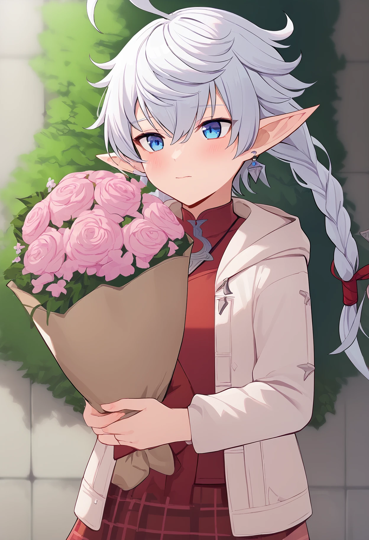 1girl,
alisaie leveilleur,
elezen, hood, plaid skirt, long sleeves, red skirt, holding, plaid, blue eyes, pink flower, long hair, ahoge, low twin braids, shirt, blush, flower, elf, twin braids, hooded jacket, solo, holding bouquet, braid, skirt, bouquet, earrings, closed mouth, hood down, red shirt, single earring, jacket, pointy ears, jewelry, hair between eyes,
score_9, sfw
<lora:pony_char_alisaie_leveilleur-000008:1>