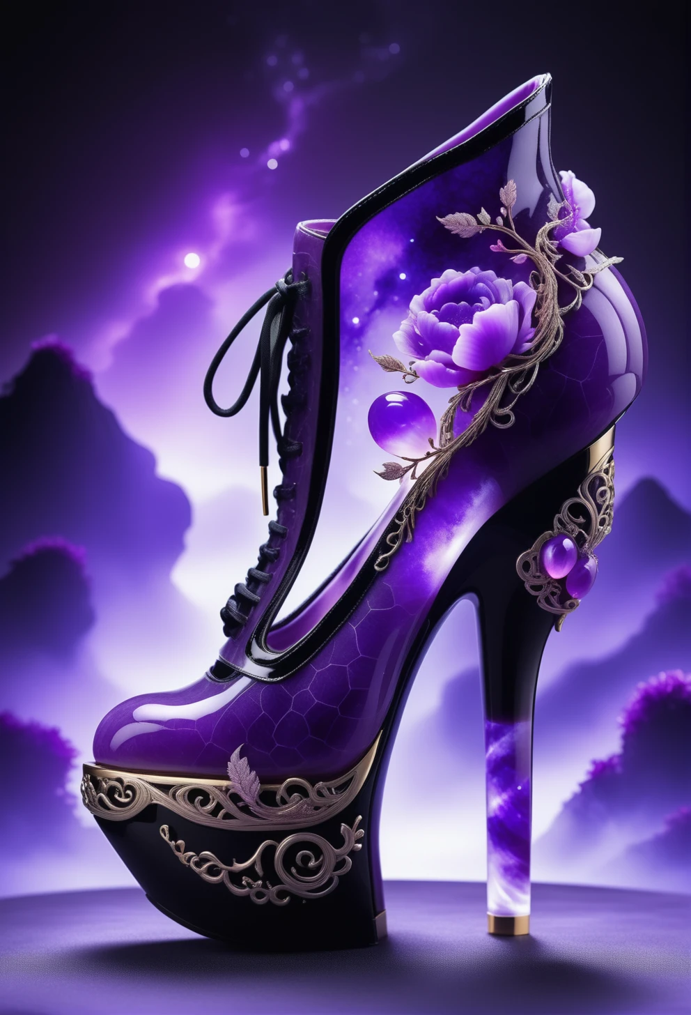 a Haute Couture shoe made out of reij-prplmnjd   <lora:purplemoonjade-000004:1>, Tattoo ink of a masterpiece, landscape of a Verdant Fields of the Harvest Festival, digital manipulation, flowing, highly decorated, intense, ambient atmosphere, stunning