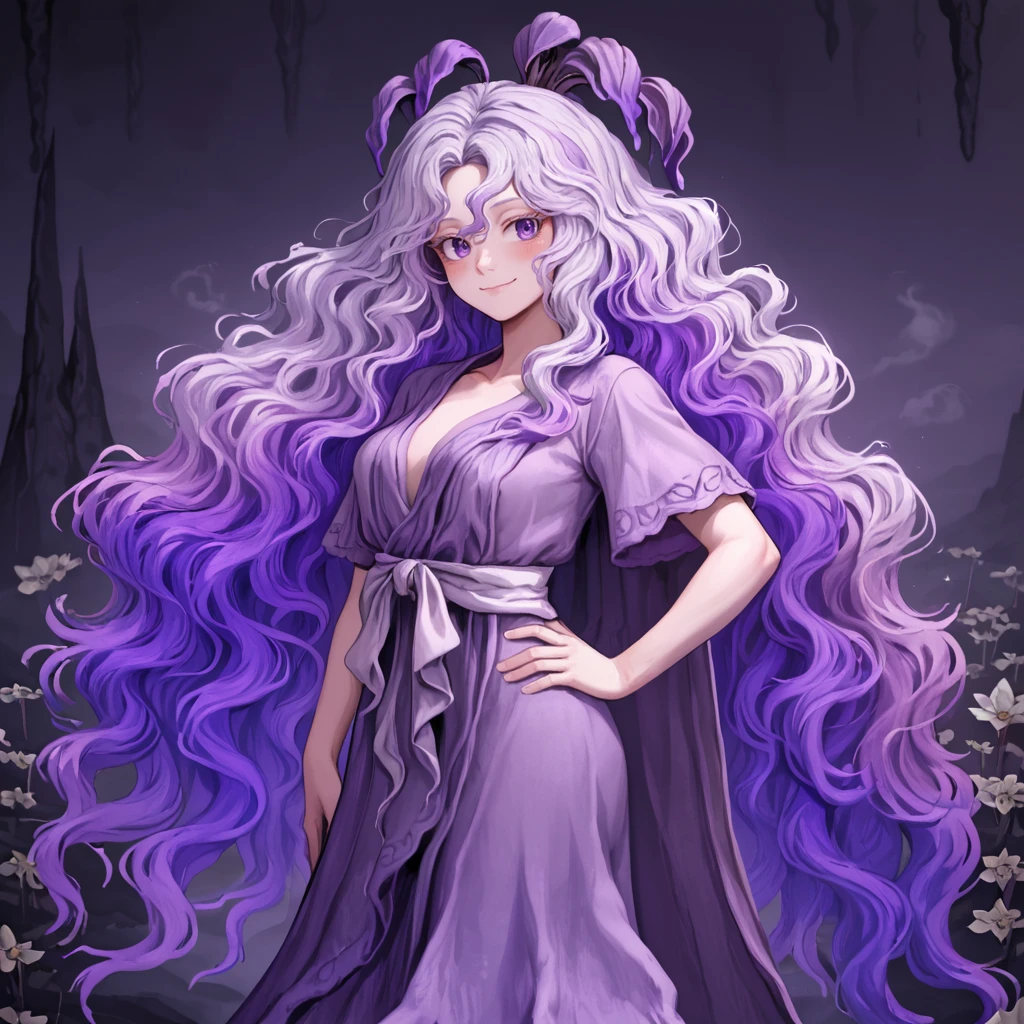 1girl,solo,<lora:St Trina:1>,st. trina,purple tree,monster girl,dryad,white hair,purple hair,multicolored hair,wavy hair,spiral hair,white eyelashes,purple eyes,smile,closed mouth,blush,purple robe,short sleeves,root leg,
cave,white flower,stalagmite,fog,looking at viewer,outstretched hand,hand on own hip,, score_9, score_8_up, score_7_up,masterpiece, best quality, very aesthetic, absurdres,