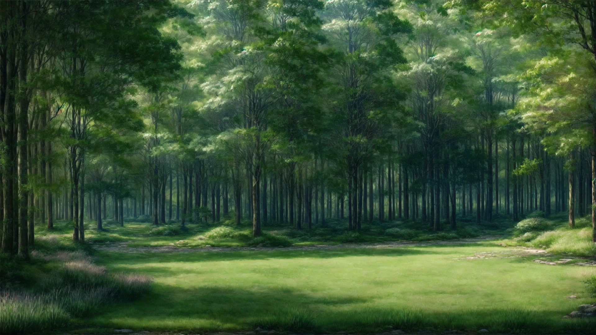 Role-playing game (RPG) style fantasy (an outdoor landscape shot of a leafy green forest: 1.1), (with a wide grassy clearing in the middle: 1.1), (in a visual novel style: 1.1),  no humans, <lora:fantasybgv1_1:0.8>, fantasybg, very detailed, <lora:more_details:0.6>, high quality, highres, masterpiece, best quality, 8k, intricate, detailed, <lora:add_detail:0.6> . Detailed, vibrant, immersive, reminiscent of high fantasy RPG games