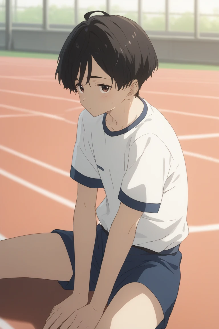 score_9, score_8_up, score_7_up, score_6_up, detailed, intricate details,best quality ,source_anime, cowboy shot, male focus
kazuhiko nukumizu, black hair, brown eyes,
gym uniform, white shirt, blue shorts, athletic track, (streching legs), on floor, open legs, sitting<lora:EMS-425199-EMS:1.000000>