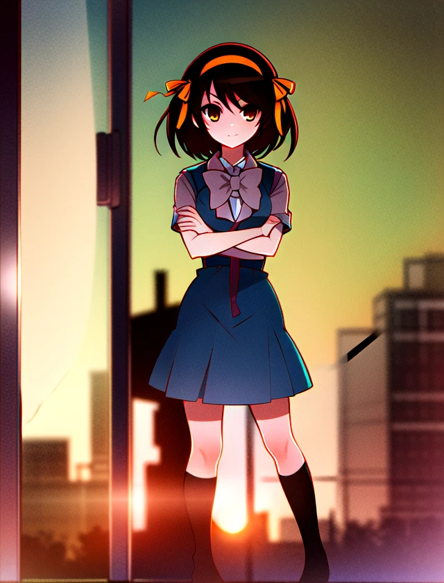 Haruhi Suzumiya, solo, standing, outside, 1girl   <lora:Haruhi-Suzumiya:1>