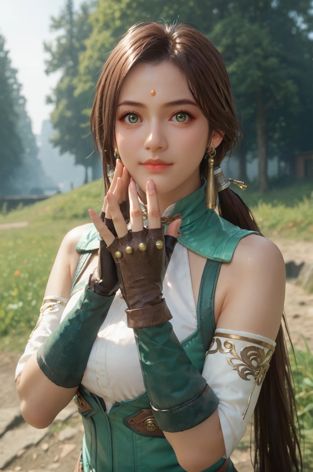 score_9, score_8_up, score_7_up, half body shot, Standing with hands on cheeks, <lora:Yueying_Dynasty_Warriors:0.7> 1girl, solo, green eyes, brown hair, long hair, ponytail, earrings, jewelry, fingerless gloves, looking at viewer, outdoors