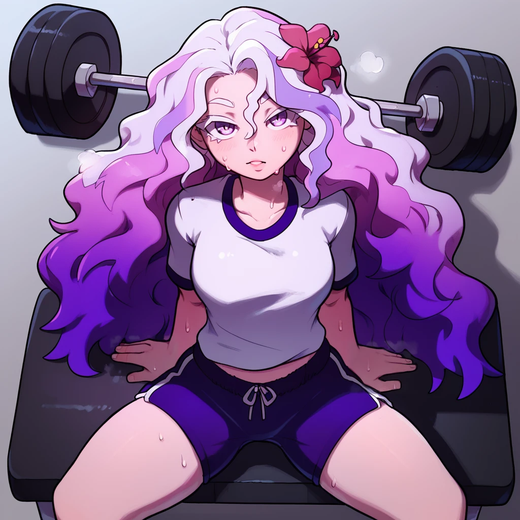 1girl,solo,<lora:St Trina:1>,cowboy shot,st. trina,gym shirt,gym shorts,white hair,purple hair,multicolored hair,wavy hair,white eyelashes,purple eyes,looking at viewer,hair flower,
gym, exercise, sitting on gym bench, weightlifting,sweat,steaming body,heavy breathing,<lora:age_slider_v4:-1>,, score_9, score_8_up, score_7_up,masterpiece, best quality, very aesthetic, absurdres,