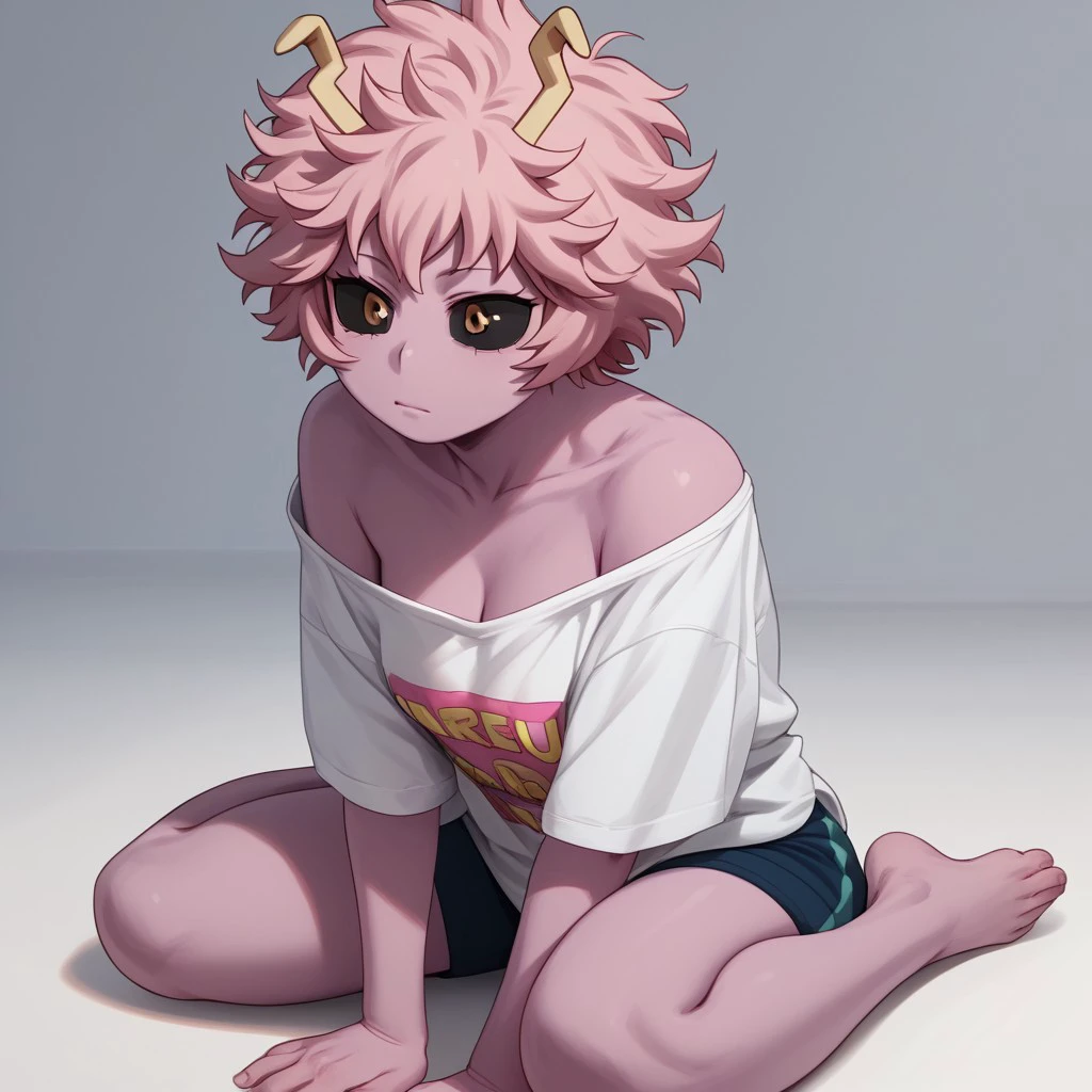 score_9, score_8_up, score_7_up, score_6_up, score_5_up, score_4_up, 1girl, MinaHero, sitting on the floor, barefoot, loose shirt, exposed shoulder, pink hair, pink skin, black sclera