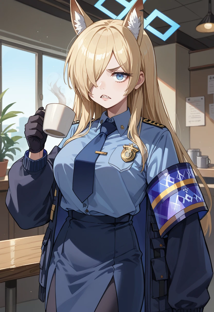 score_9, score_8_up, source_anime, 1girl, solo, KannaDefault, animal ears, sharp teeth, long hair, hair over one eye, blue halo, policewoman, blue shirt, collared shirt, blue necktie, black jacket, armband, black gloves, blue skirt, black pantyhose, holding coffee, indoors, <lora:ChamKannaBAPonyXL:1>