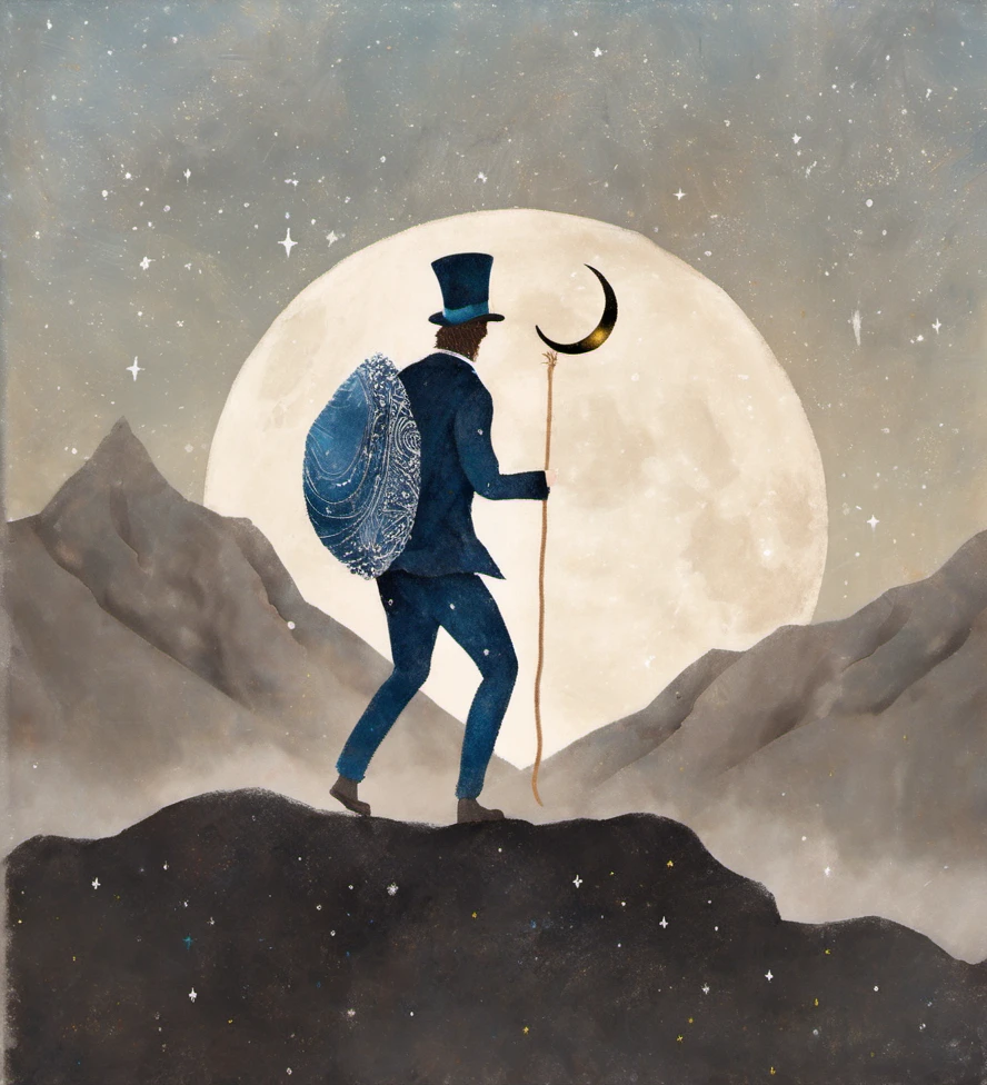 illustration,man,top hat,carrying sack,crescent moon staff,mountains,night sky,stars,mystical,blue tones,vintage feel,outdoor setting,detailed,solitary figure,adventure,journey,fantasy,dark color palette,textured background,magical realism.,<lora:æ²»æ-000005:0.8>,