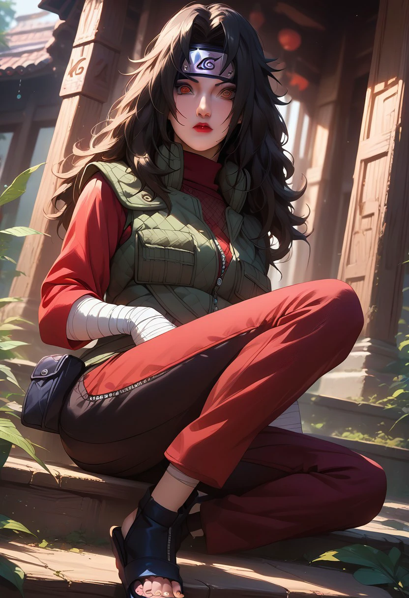 score_9, score_8_up, score_7_up, score_6_up, score_5_up, score_4_up, 1girl, slim, fit, realistic, beautiful eyes, 
kurenai, (/Naruto)/, (ultra HD quality details),  black hair, wavy hair, long hair, (red eyes), lipstick, makeup, Ninja, green vest,  green jacket, sleeveless, sleeveless jacket, zipper pull tab, zipper, pocket, shirt, red shirt, sleeveless shirt, turtleneck shirt, red pants, pouch, thigh pouch, bandaged arm,  sandals, toeless footwears, forehead protector, konohagakure symbol,
mouth opened, hiding, focusing on colorful beetle