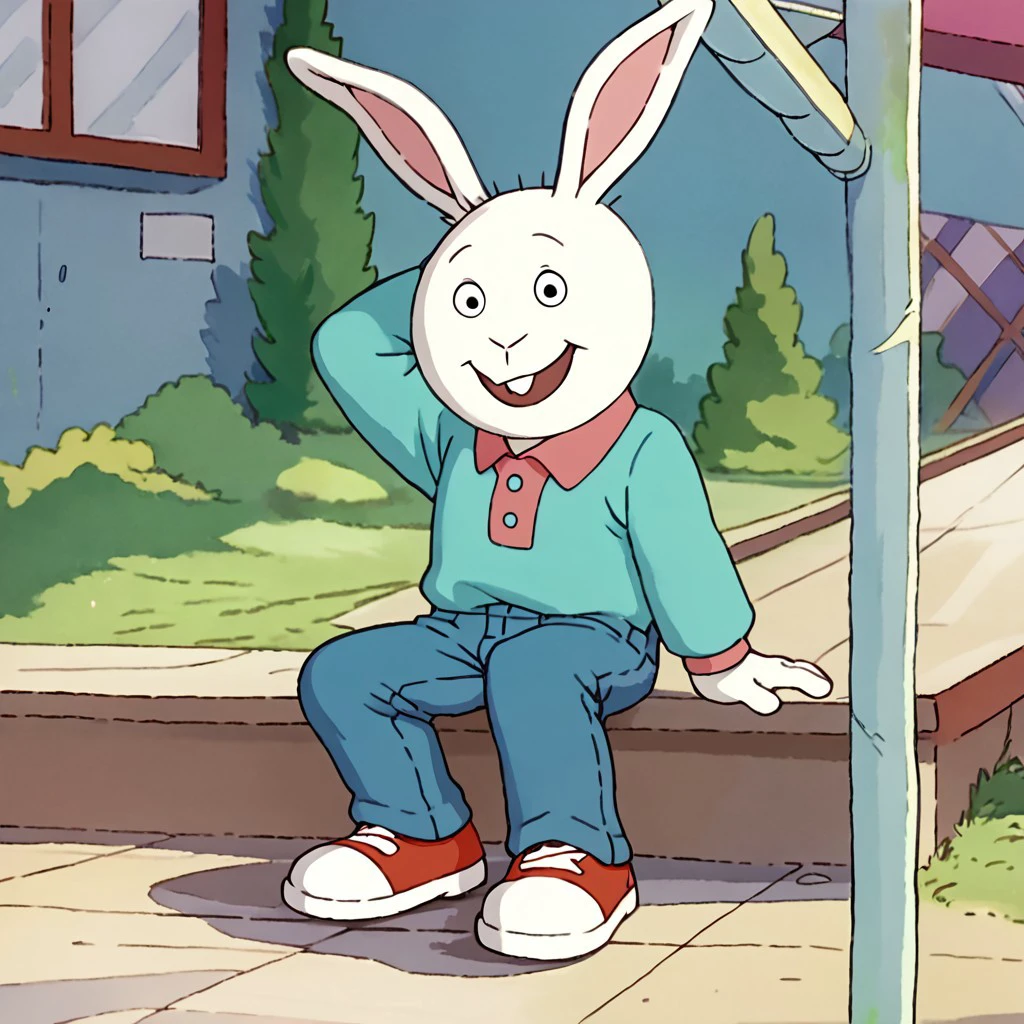 score_9, score_8_up, score_7_up BREAK BusterBax, 1boy, anthro bunny, white fur, white body, black eyes, buckteeth, pink-collared cyan long-sleeved polo shirt, jeans, red white shoes, smiling at viewer,