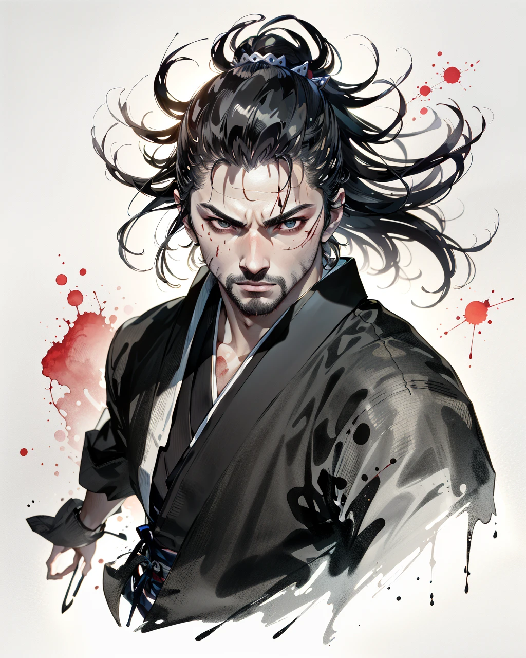 best quality,masterpiece,highly detailed,ultra-detailed,
<lora:neg9V2_last:0.7> <lora:vagabond:0.75> black eyes, japanese clothes, vagabond,, ink drawing, inkwash ,samurai,dynamic pose, hair ornament, facial hair, man,blood,