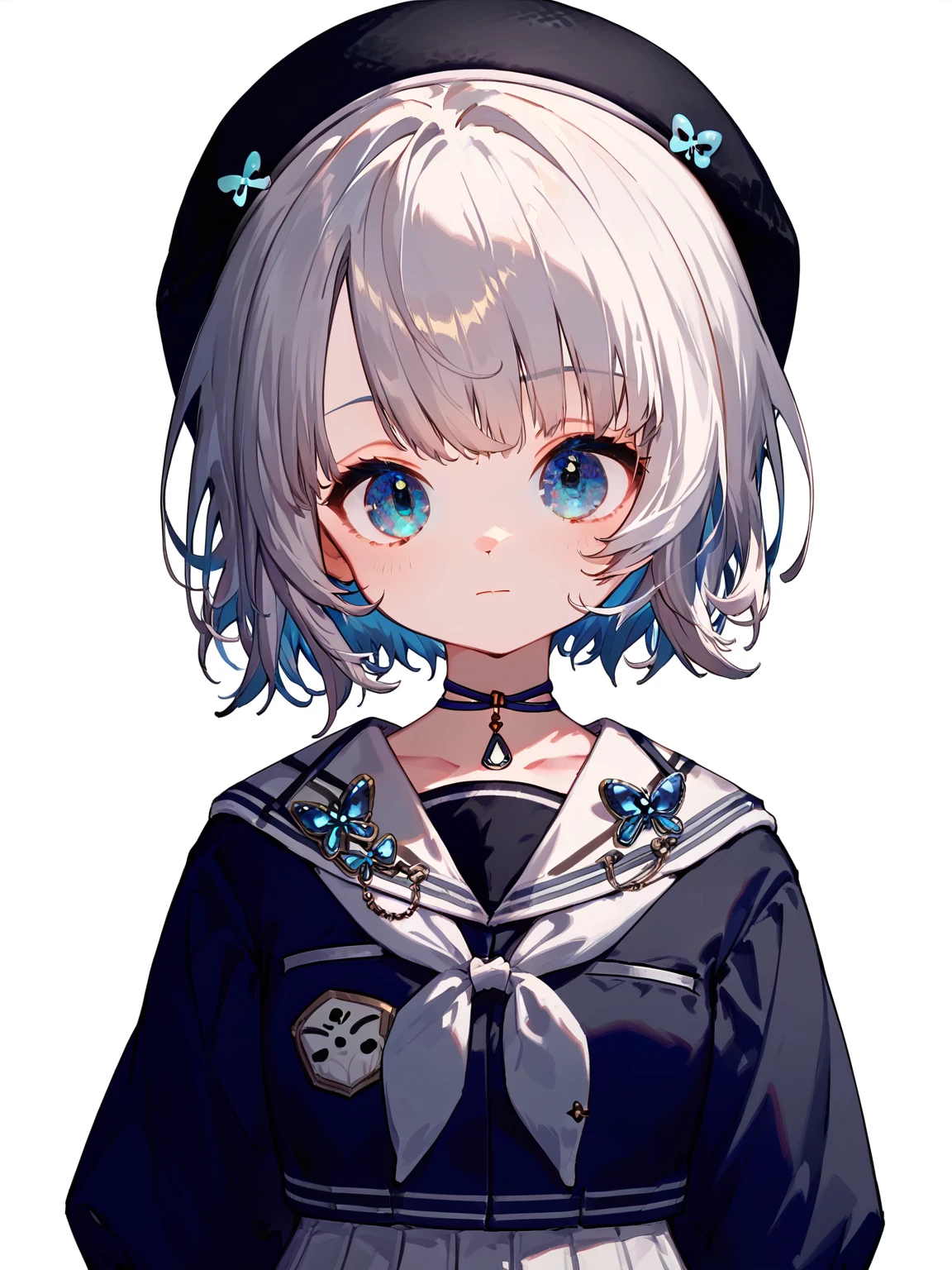 (score_9,score_8_up,score_7_up,),<lora:lulu-000008:0.9>,lulu,1girl,solo,blue eyes,virtual youtuber,short hair,choker,hat,socks,bangs,closed mouth,white skirt,pleated skirt,white sailor collar,neckerchief,white background,simple background,upper_body,