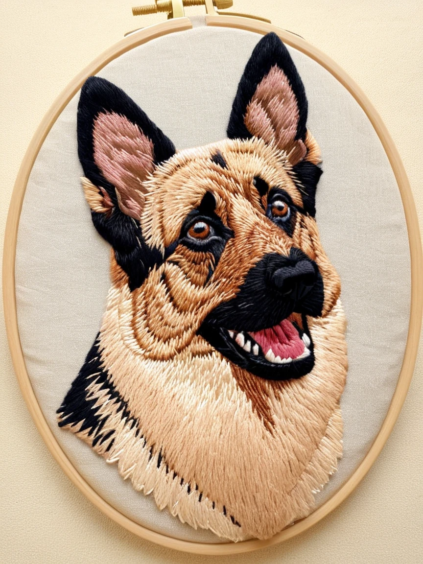 <lora:EmbroideryXL:1> german shepherd embroidery,