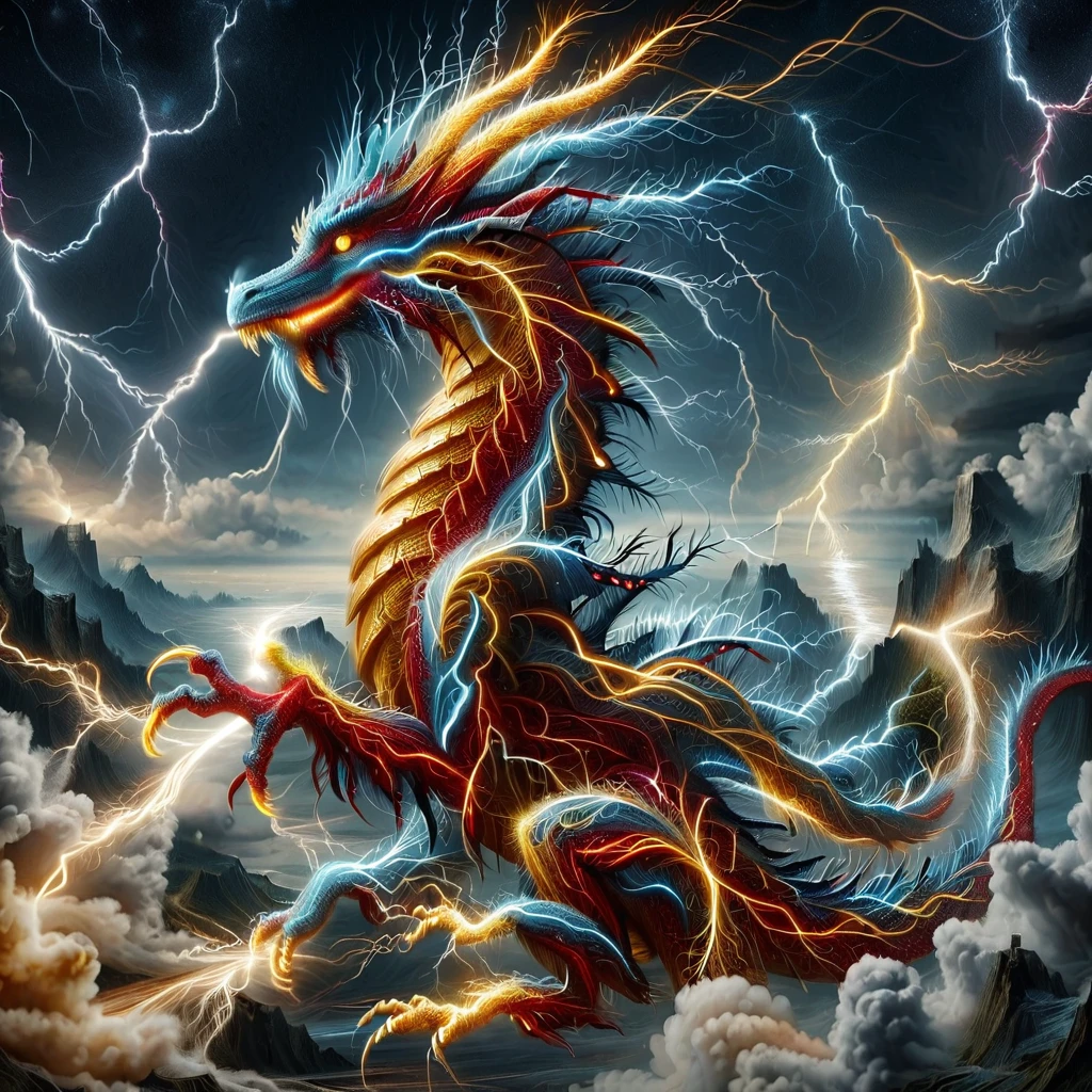 lthndrtrl, 1 dragon made of lighting thunder trails, golden and blue and red and yellow and purple lightning thunder trails