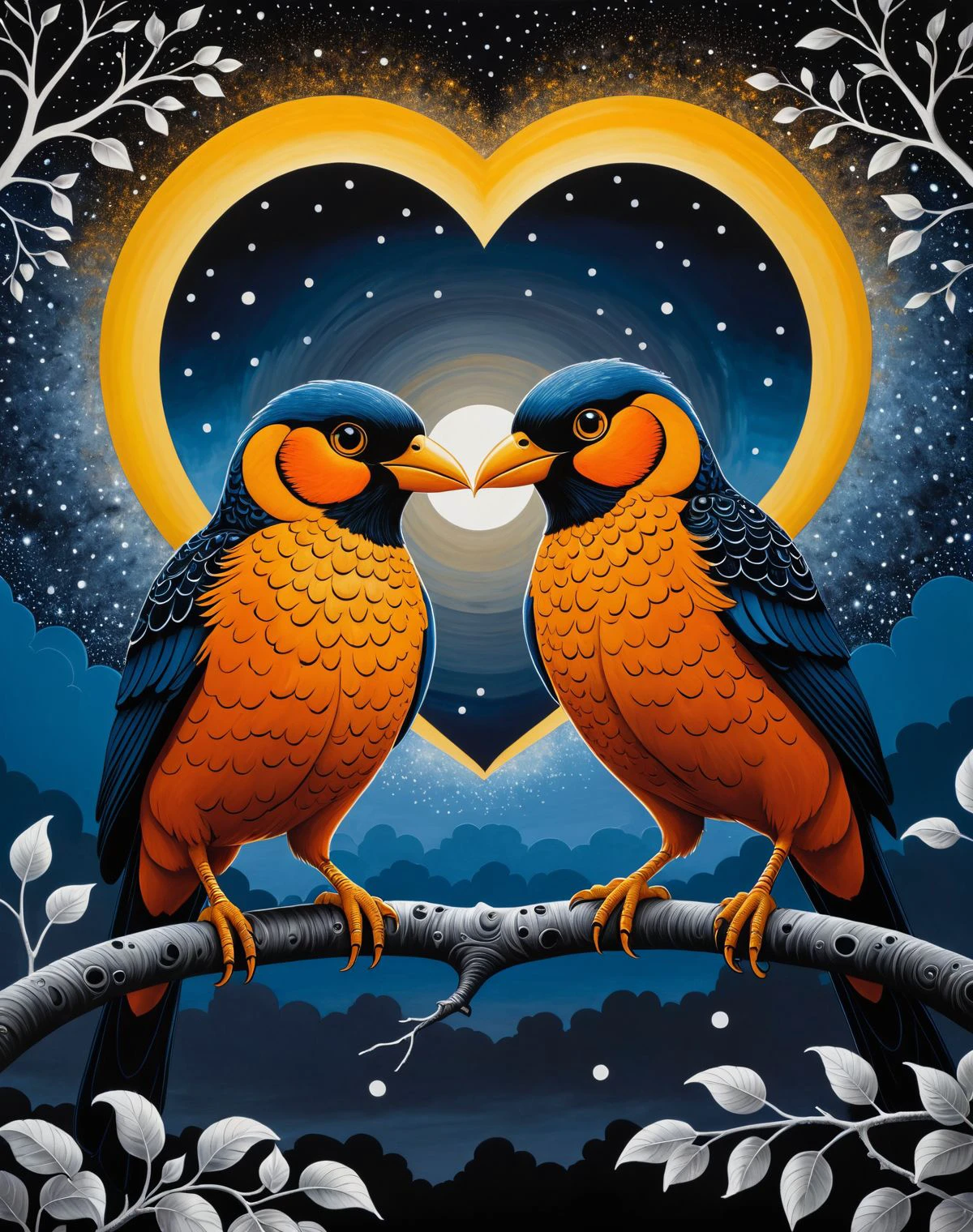 The image depicts a striking scene featuring two birds standing side by side against the backdrop of an intricate, black and white night sky. The bird on the left is painted in shades of dark blue with contrasting details like yellow eyes that stand out starkly from its overall color scheme. Its companion to the right shares similar features but has orange-colored eye markings which add another layer of contrast within their shared hue palette.
In front of these avian companions stands what appears to be a heart made up entirely of smaller hearts - each one unique yet collectively forming this larger symbolism for love or affection. This central element anchors both characters amidst the vastness of space depicted below them.