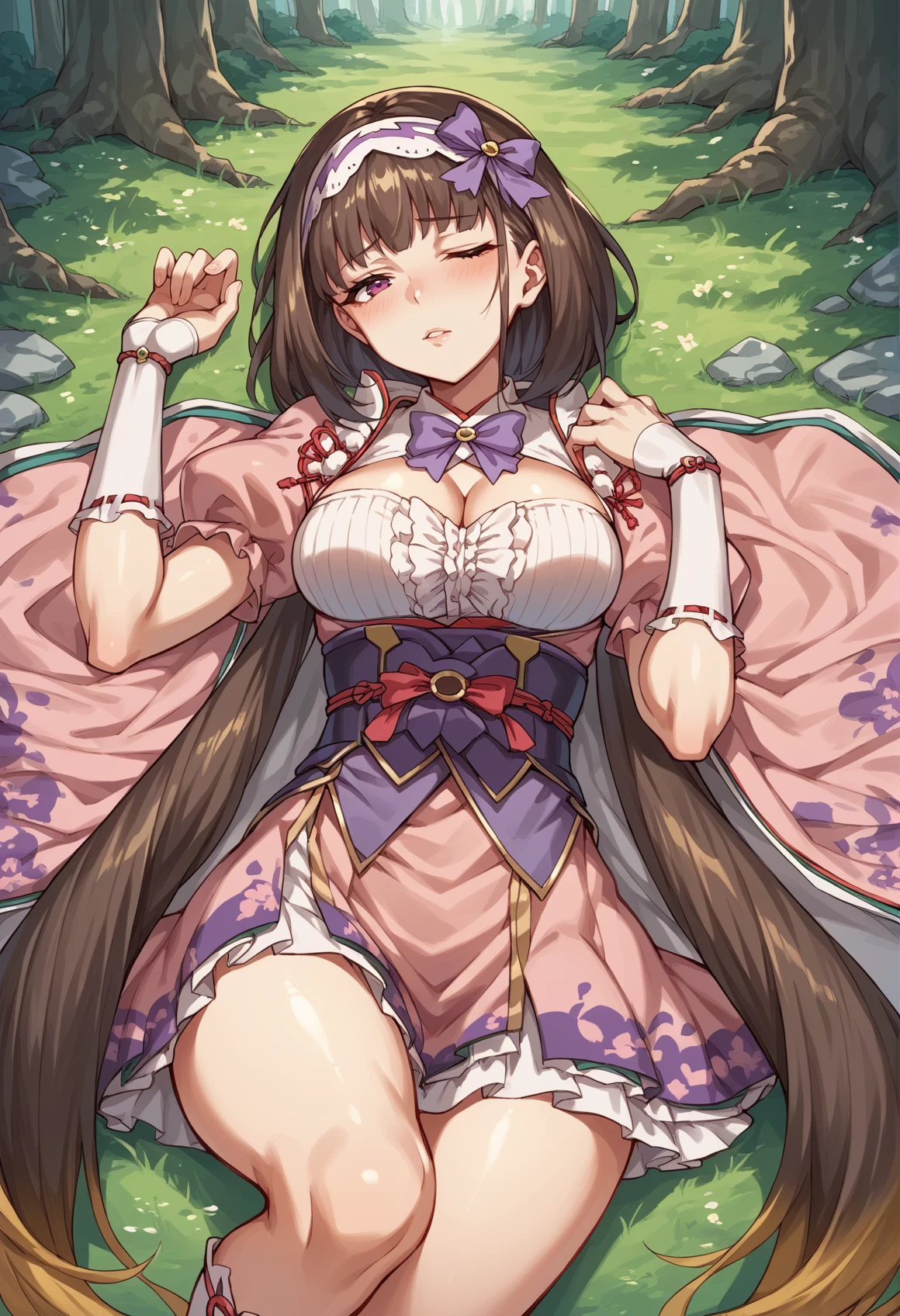 1girl, very long hair, multicolored hair, gradient hair, brown hair, blonde hair, purple eyes, low twintails, hairband, ribbon, cape, blouse, japanese clothes, bridal gauntlets, skirt, detached collar, juliet sleeves, puffy sleeves, short sleeves, cleavage, outdoors, forest, laying, on back, pouty lips, half-closed eyes, wink, from above, laying, on back <lora:Osakabehime:1>, score_9, score_8_up, score_7_up, score_6_up, score_5_up, score_4_up, BREAK source_anime, masterpiece