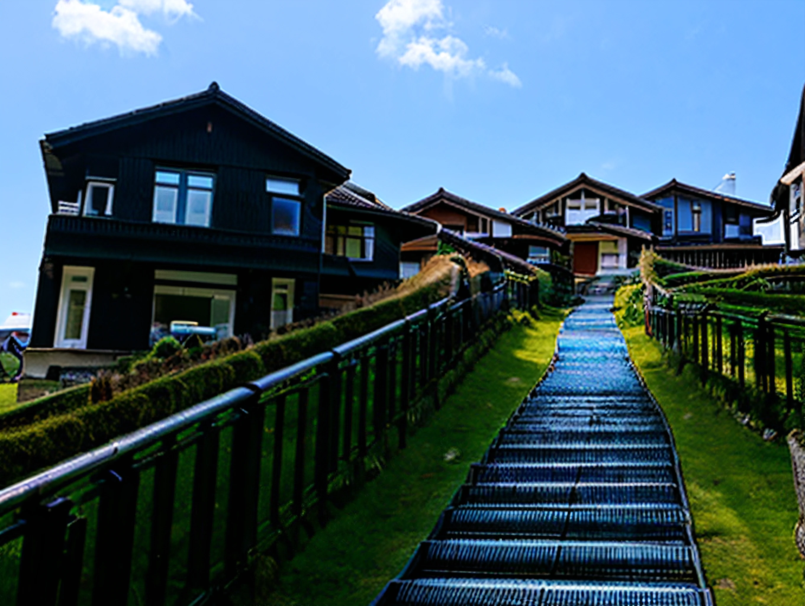 scenery, outdoors, sky, day, stairs, blue sky, building, house, grass, hbladx , <lora:hBladX-000012:1>