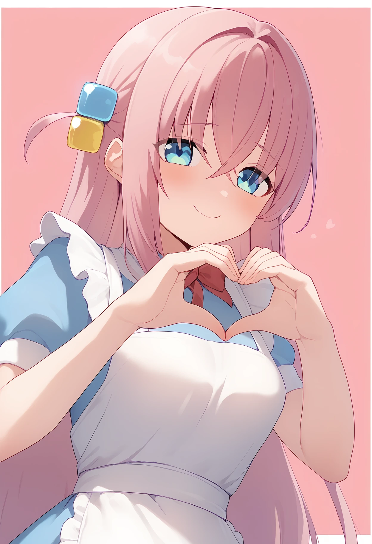 1girl,
gotoh hitori,
cube hair ornament, solo, one side up, pink background, very long hair, white border, short sleeves, long hair, eyes visible through hair, hair ornament, smile, white apron, outside border, hair between eyes, heart hands, closed mouth, blue eyes, official alternate costume, bow, blue dress, hands up, apron, border, red bow, looking at viewer, dress, heart, heart background, upper body, sidelocks, blush, pink hair, crossed bangs,
score_9, sfw
<lora:pony_char_gotoh_hitori-000005:1>